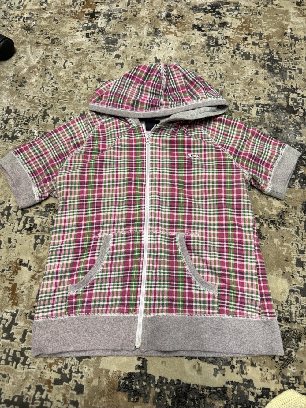 Le Tigre Pink Plaid Hooded Zip Short Sleeve Sz large